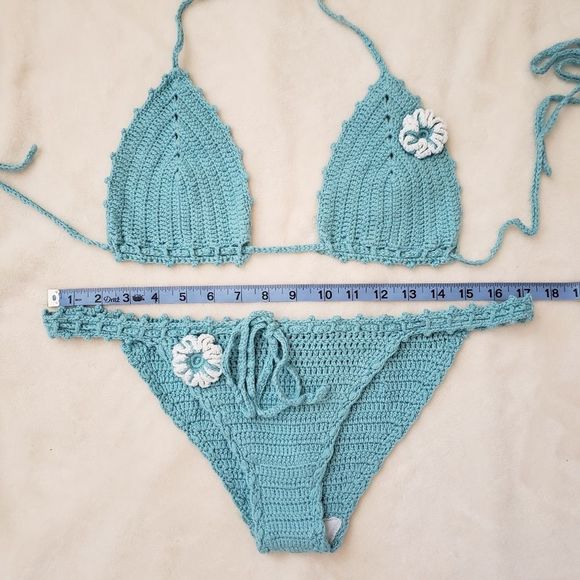 HANDMADE crochet Aqua green Bikini size S - Picture 4 of 8